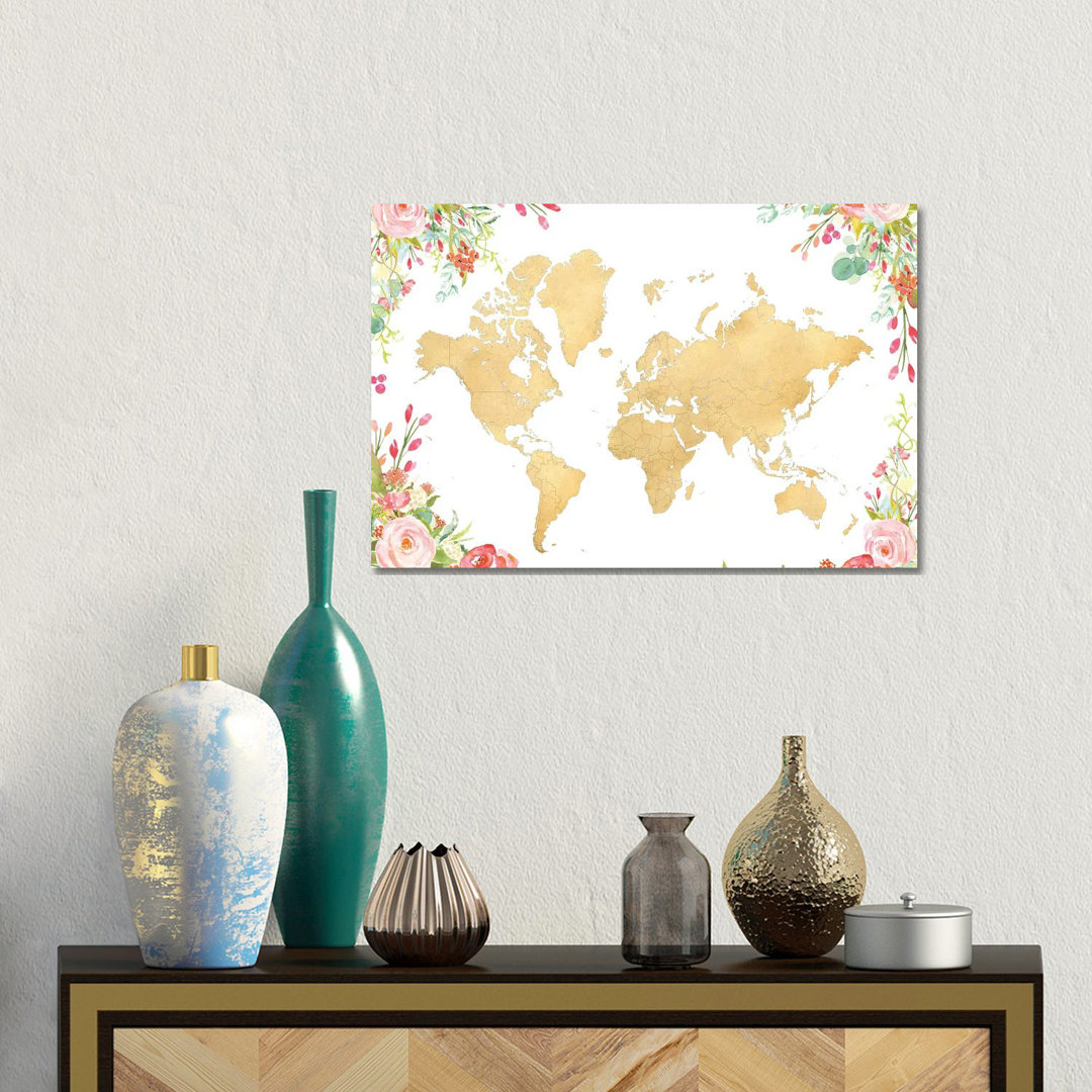 Gold World Map With Boho Watercolor Flowers by Blursbyai - No Frame Gallery-Wrapped Canvas Giclée on Canvas