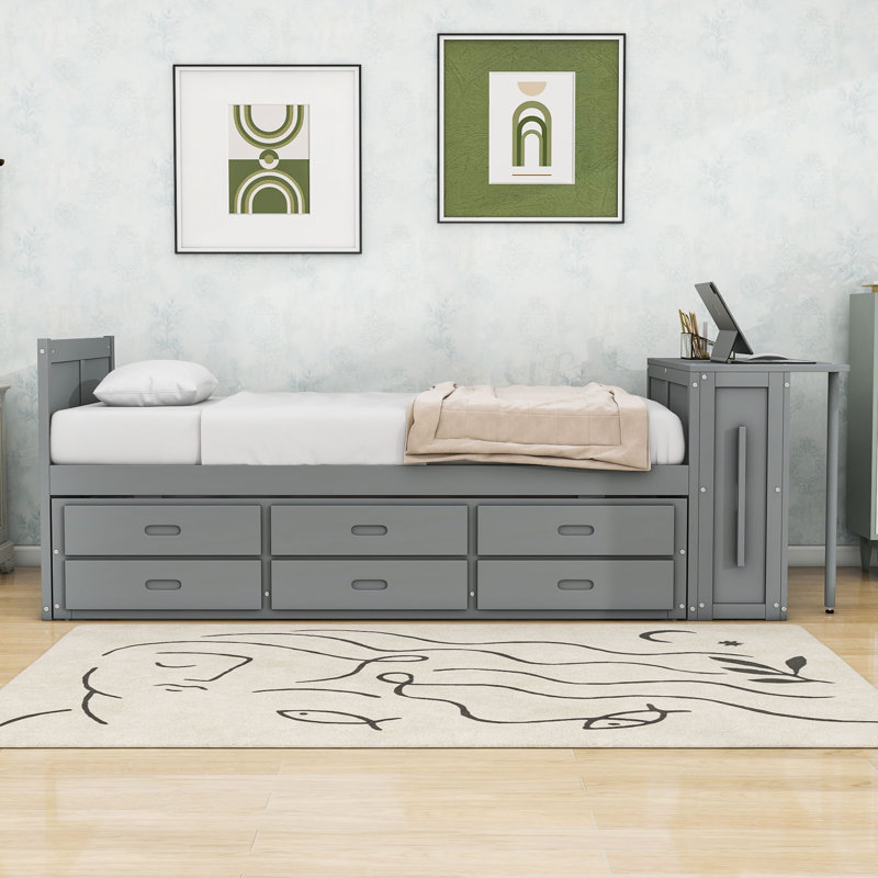 Merlin Twin Three Drawers Wood Platform Bed with Desk,Built-in Trundle and Storage Shelf, Gray