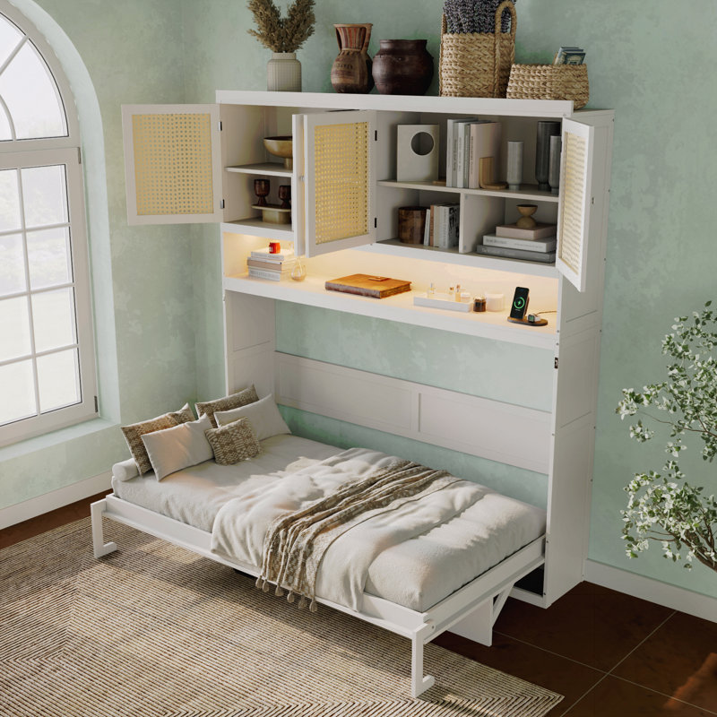 Lit escamotable simple avec armoire supérieure, lit pliable peu encombrant avec lumière et USB, blanc