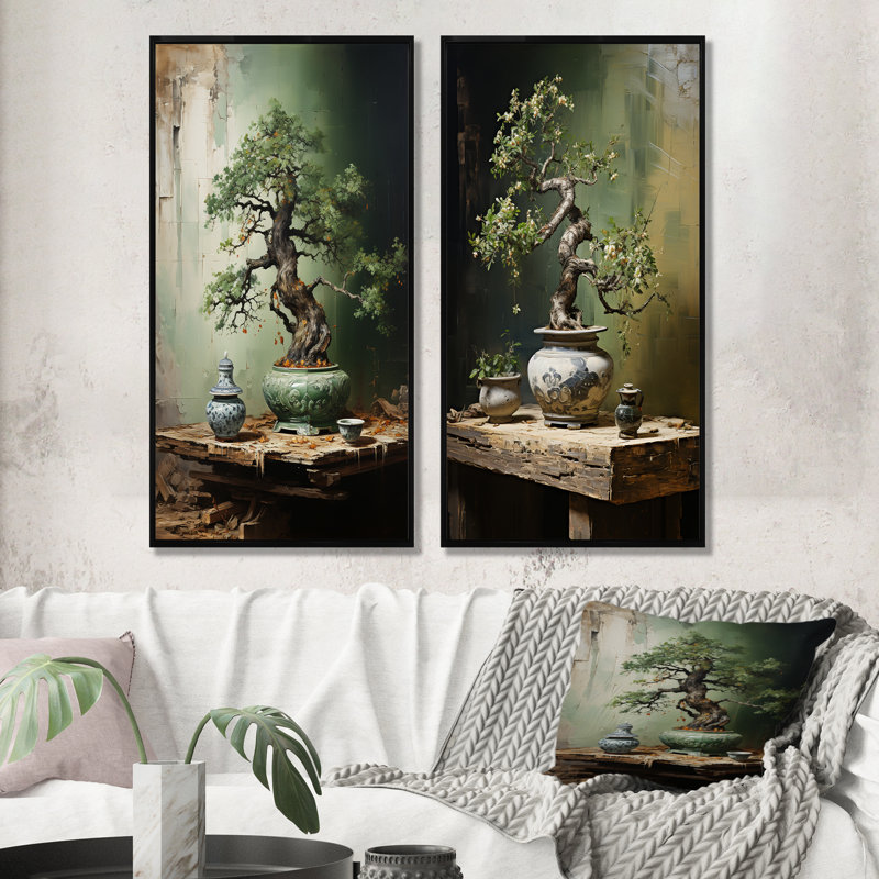Ensemble de salon antique avec bonsaï antique II - arbre Bonsai Wall Art, Cadre flottant noir, H 32 po x l 33 po