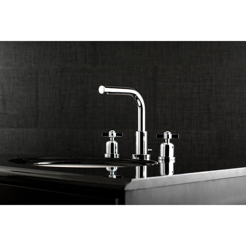 Kingston Brass Millennium Two-Handle 3-Hole Deck Mount Widespread Bathroom Faucet with Brass Pop-Up Drain, Polished Chrome