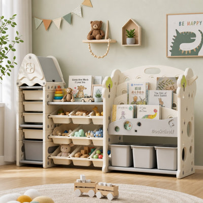 Organisateur de rangement pour jouets pour enfants, bibliothèque à 4 niveaux avec 17 bacs amovibles, tablette à jouets polyvalente pour salle de jeux, chambre de bébé, crème