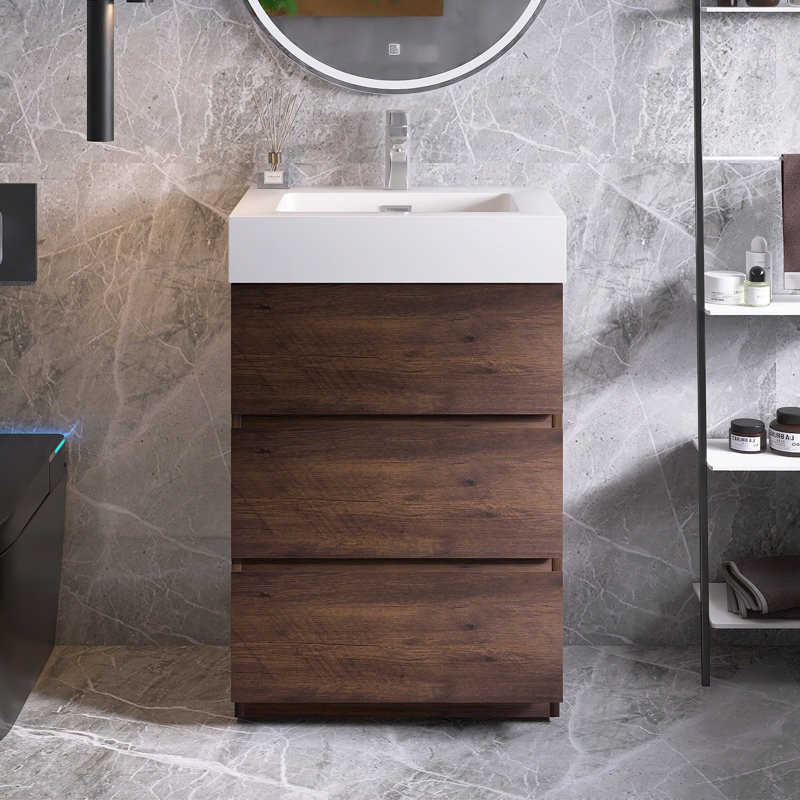 Caloway 24" Freestanding Single Bathroom Vanity with Top, Walnut, White
