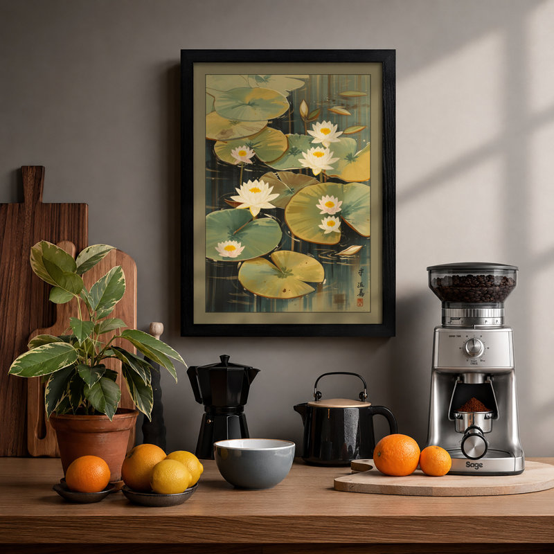 Lotus Pond at Dawn Botanical - Framed Print, Black, A4 - 29.7 x 21.0 cm