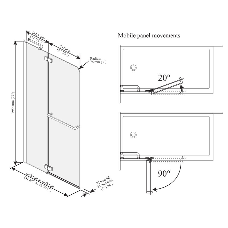 Porte de douche pivotante sans cadre H 77 "avec panneau fixe Pratika