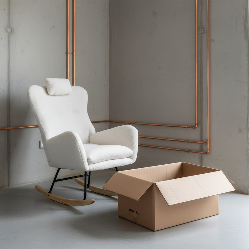 Chaise berçante en tissu pelucheux doux de 35,5 pouces, conception à oreilles confortable avec base en bois massif sécuritaire