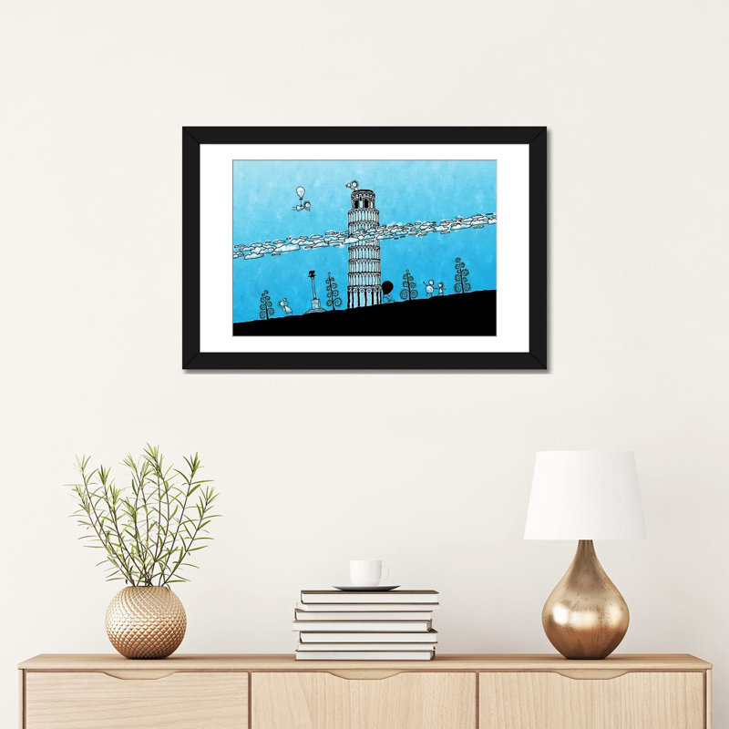 Leonia, tour penchée de Pise, impression sur toile tendue, H 16 po x l 24 po x P 1 po, Papier d'art encadré noir, Blanc