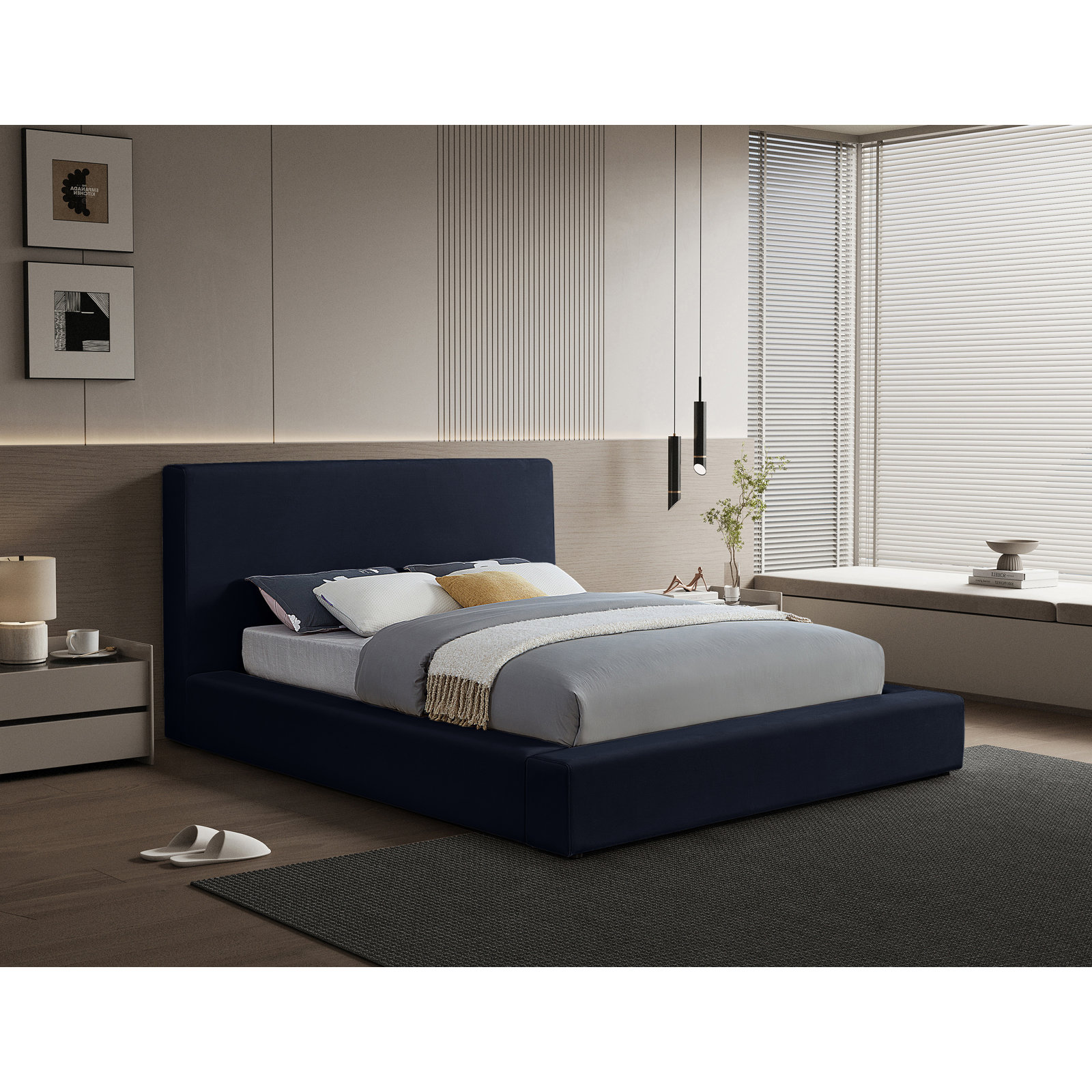 Ishia Upholstered Platform Bed, Queen, Navy Velvet