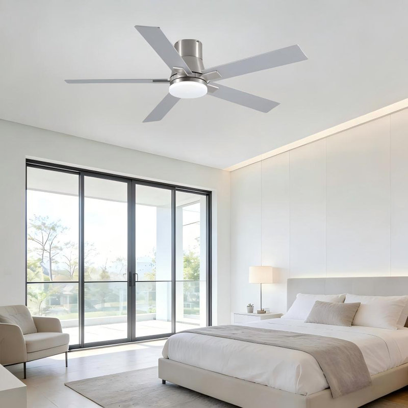 Stylish 52" Indoor Brushed Nickel Flush Mount Ceiling Fan With LED Light, Remote Control and Quite DC Motor, Silver, 52" Wide