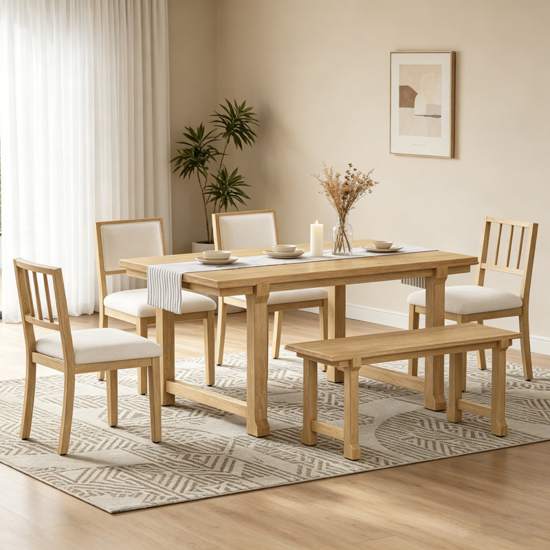 Ensemble de salle à manger de ferme 6 pièces avec structure en bois massif et chaises ergonomiques à double style (bois naturel délavé et beige)