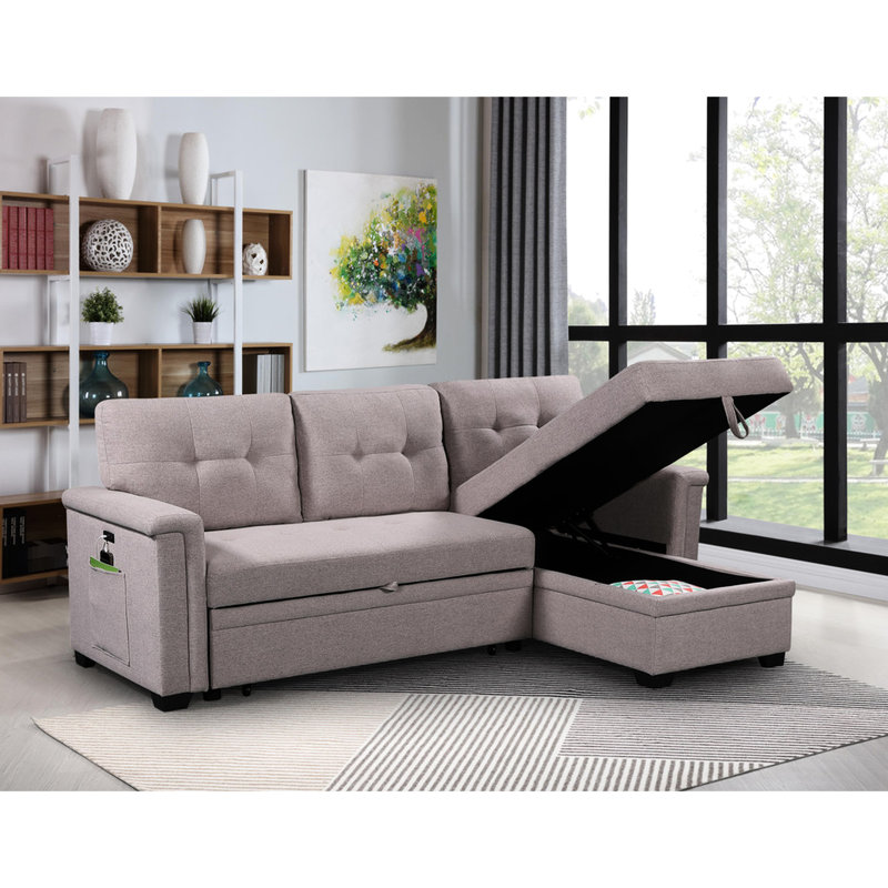 Reversible Sleeper Sectional In Gray With Cell Phone Pocket , Storage Chaise & 34.38 In. Height Characteristic