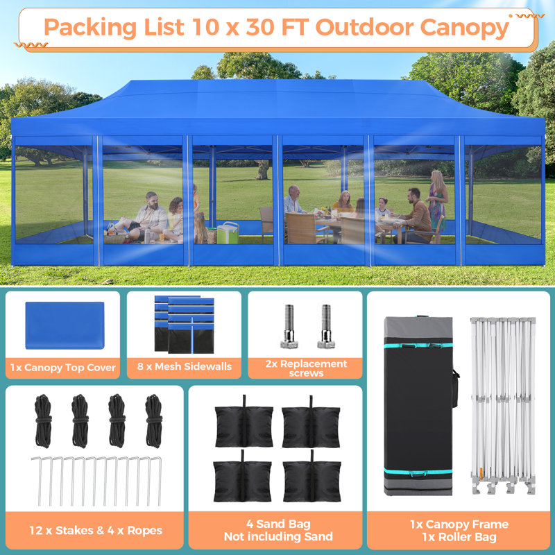 10x30 Pop up Canopy Tent with Sidewalls, Heavy Duty Easy Set up, Blue