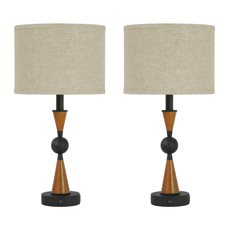 23.2" Modern Solidwood Round Shape Table Lamp With USB（Set Of 2）