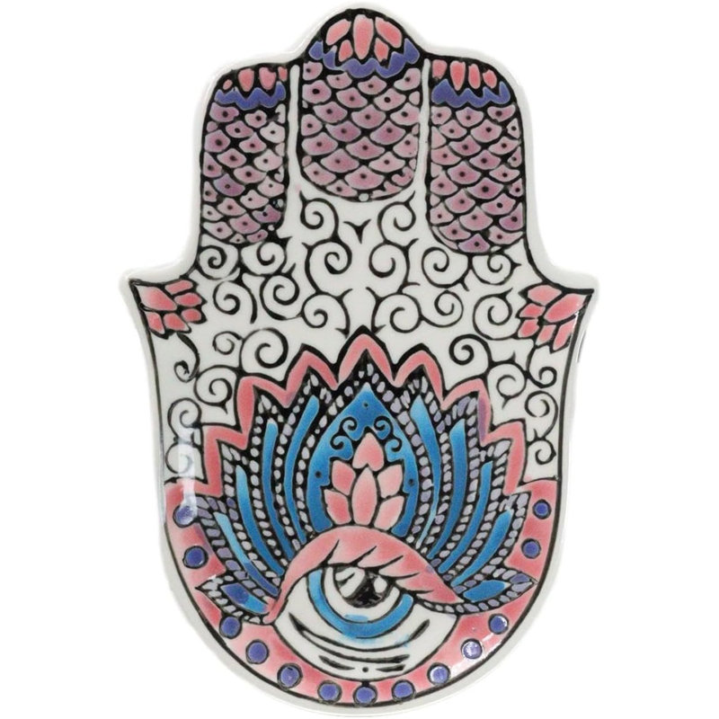 Porte-encens rose en laiton Chakra Hamsa Palm Mandala et Evil Eye