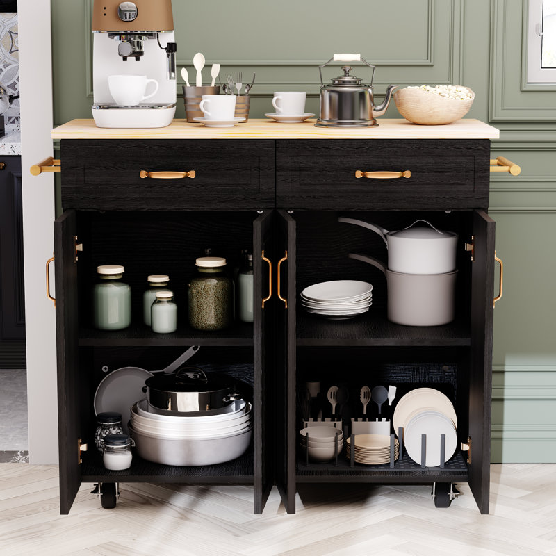 Chariot pour îlot de cuisine sur roulettes avec rangement Yamilé de 45,3 po de largeur, Noir