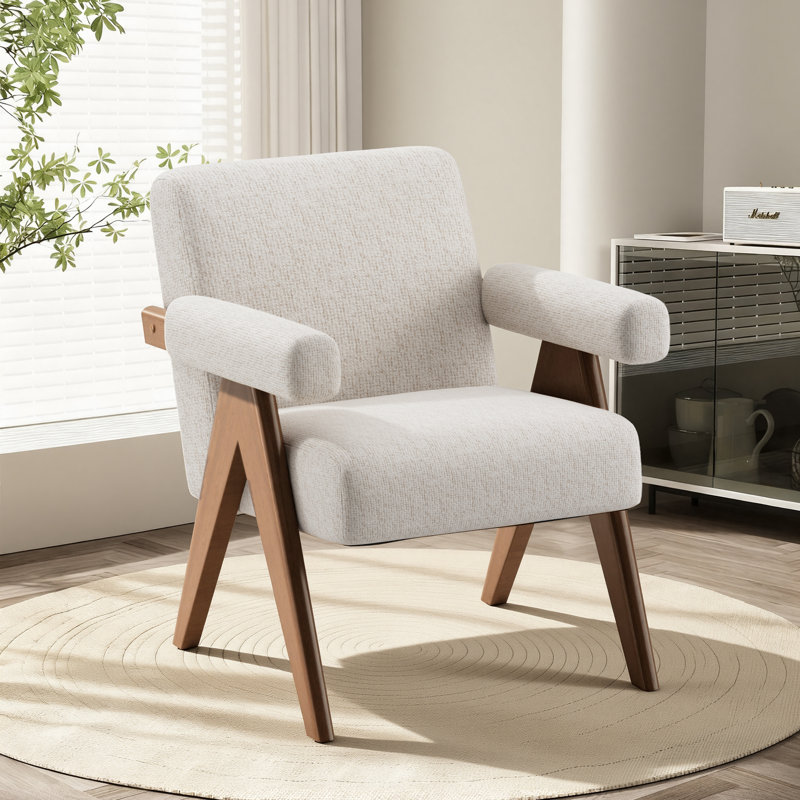 Chaise avec accoudoirs rembourrée moderne en lin avec pieds en bois massif et accoudoirs rembourrés, Beige