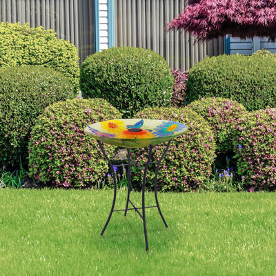 Handpainted Glass Solar Birdbath With LED Light For Outdoor Garden Patio Decoration, Butterfly And Flower Design