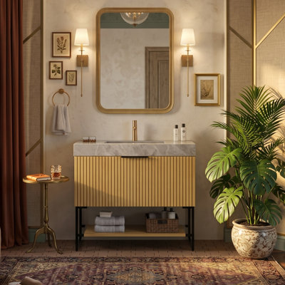 Meuble-lavabo de salle de bain autoportant 30 po / 36 po et meuble-lavabo en céramique, plateau en contreplaqué avec tiroir de rangement, chêne Corolla