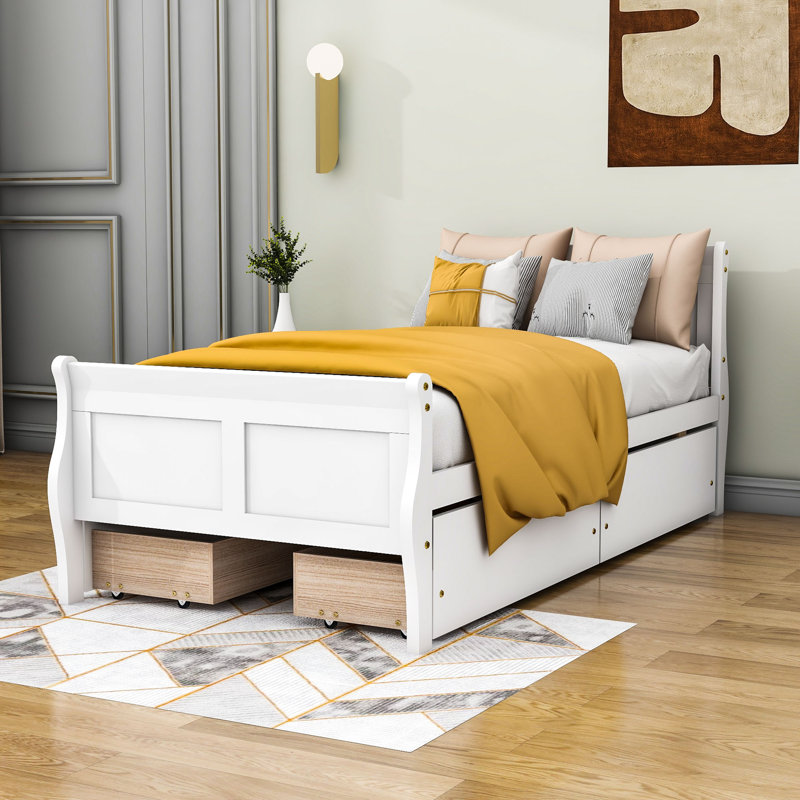 Lit plateforme en bois avec 4 tiroirs et tête et pied de lit, Blanc, Simple