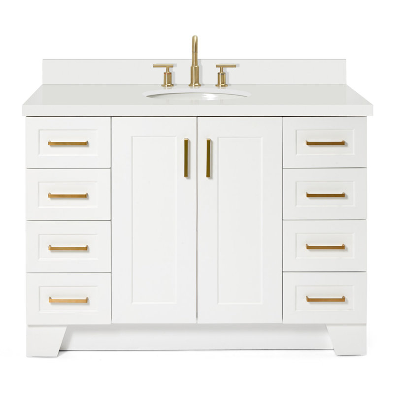 Freitas 48'' Solid Wood Single Bathroom Vanity, White, Oval, White Quartz