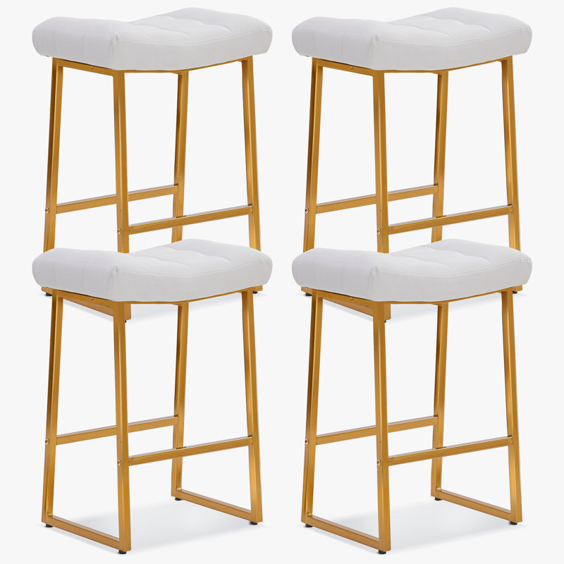 Tabouret de bar large en similicuir, Siège blanc / cadre doré