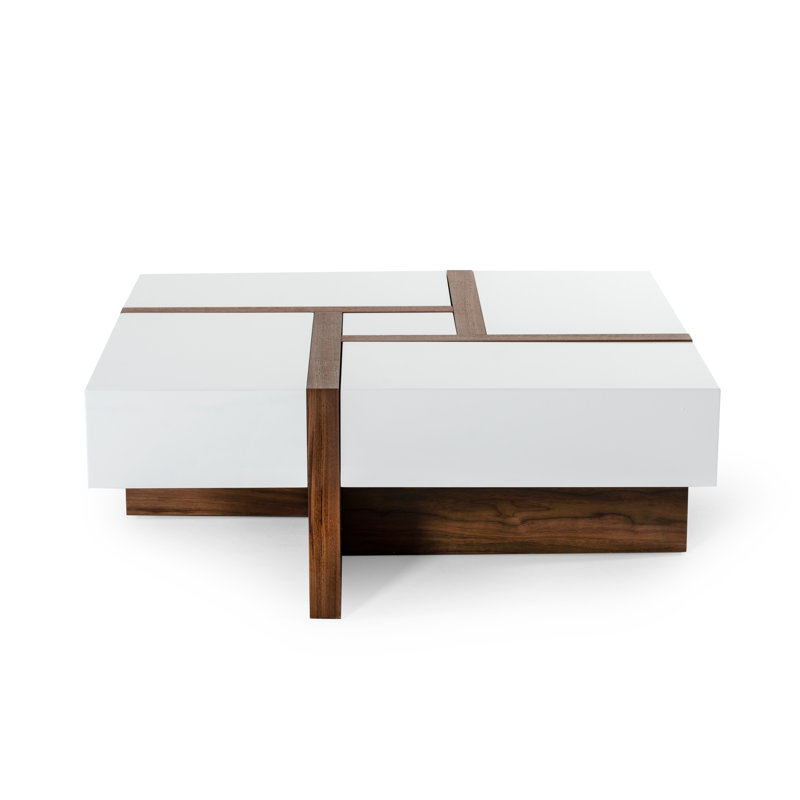 White and Walnut Square Wood Coffee Table with Storage