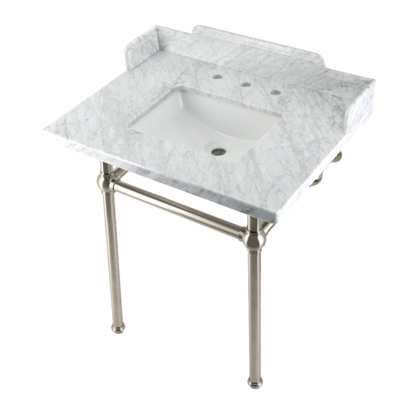 Kingston Brass Pemberton 30-Inch Carrara Marble Console Sink with Brass Legs (8-Inch, 3-Hole), Marble White/Brushed Nickel