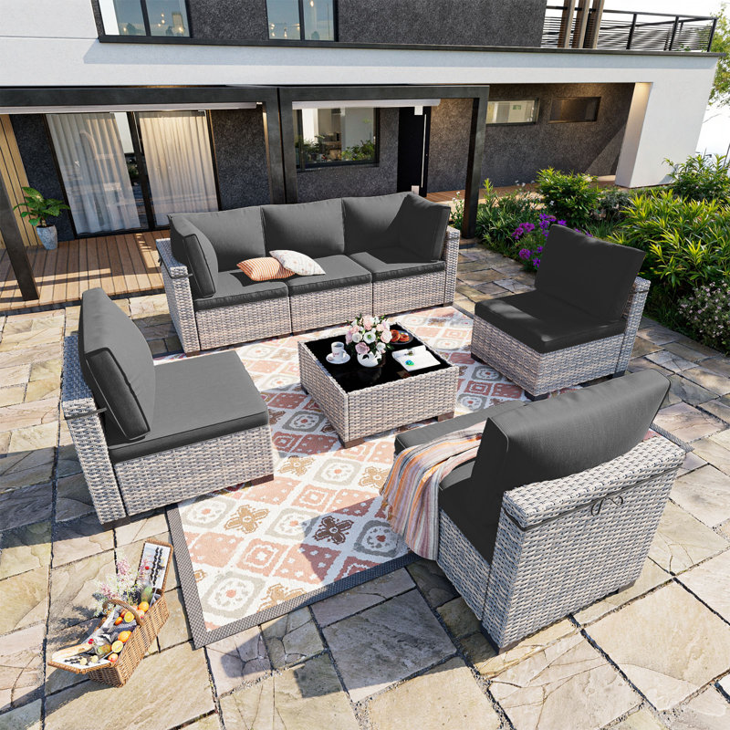 7-Piece Patio Furniture Set, Outdoor Patio Furniture with Thick Cushions, Modular Patio Sofa, Dual-Strand Wicker Rattan, Rust-Resistant Frame, Backyard Furniture for Garden, Deck