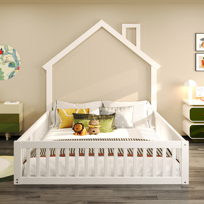 Lit plateforme double en bois avec garde-corps, Blanc