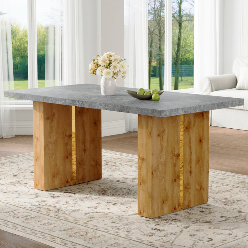 Grande table rectangulaire moderne avec plateau à motif gris ciment et grands pieds en panneau de fibres à densité moyenne pour la cuisine, la salle à manger et le salon afin de créer une atmosphère différente