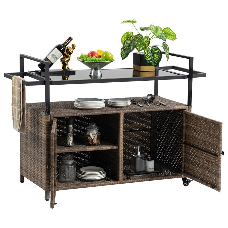 Versatile Design Glass Tabletop Outdoor Wicker Bar Cart With Wheels, Light Brown