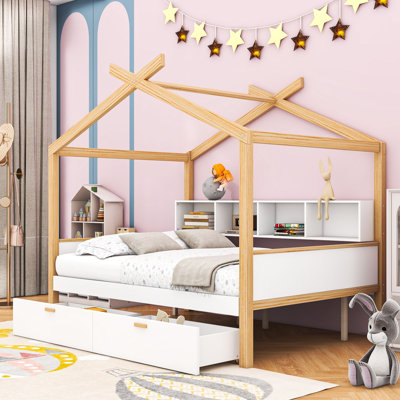 2 Drawers Wooden House Bed With Shelves