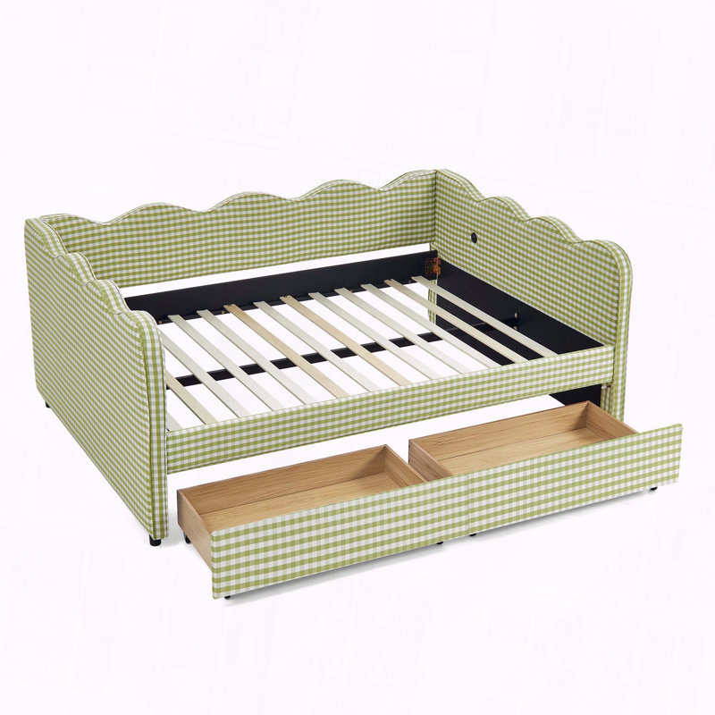 Gingham Daybed Storage Drawers USB Port Wave Shaped Linen Fabric, Full , Green