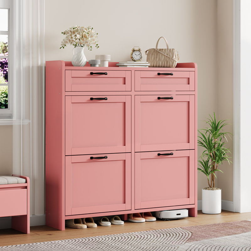 High-Gloss Shoe Cabinet with 4 Flip Drawers & 2 Top Drawers, Freestanding Entryway Organizer for Hallway or Living Room, Pink
