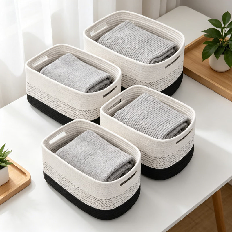 Woven Storage Baskets 4-Pack, Cotton Rope Organizer Bins For Shelves, Closet, Toys, Books & Towels, Durable Home Storage For Living Room & Bedroom