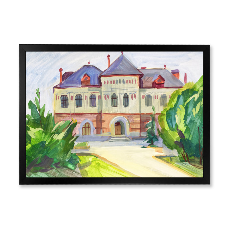 Paysage, château français - reproduction sur toile, Cadre d'angle fermé noir, H 8 po x l 12 po x P 1 po