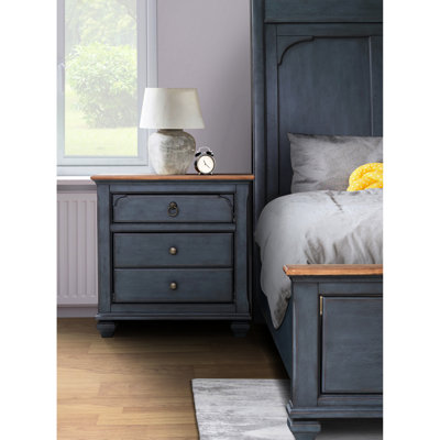 Table de chevet à 3 tiroirs en velours côtelé bleu, aucun assemblage requis