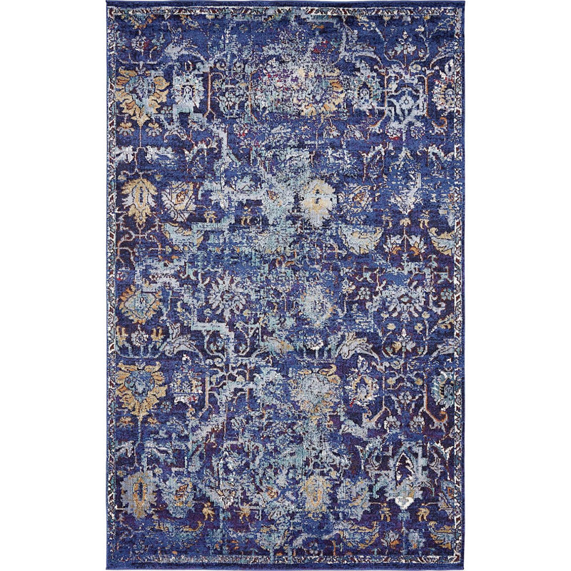 Bleu marine oriental/Tapis décoratif blanche Bellona, Rectangle 3 pi 3 po x 5 pi 3 po