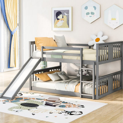 Gray Full Over Bunk Bed With And Slide - Pine , Built In Slide, Comfortable Elegant, Fits Standard Mattresses Control, Space Saving, Aesthetic Bedroom Decor, Two Mattresses, No Box Spring Needed,