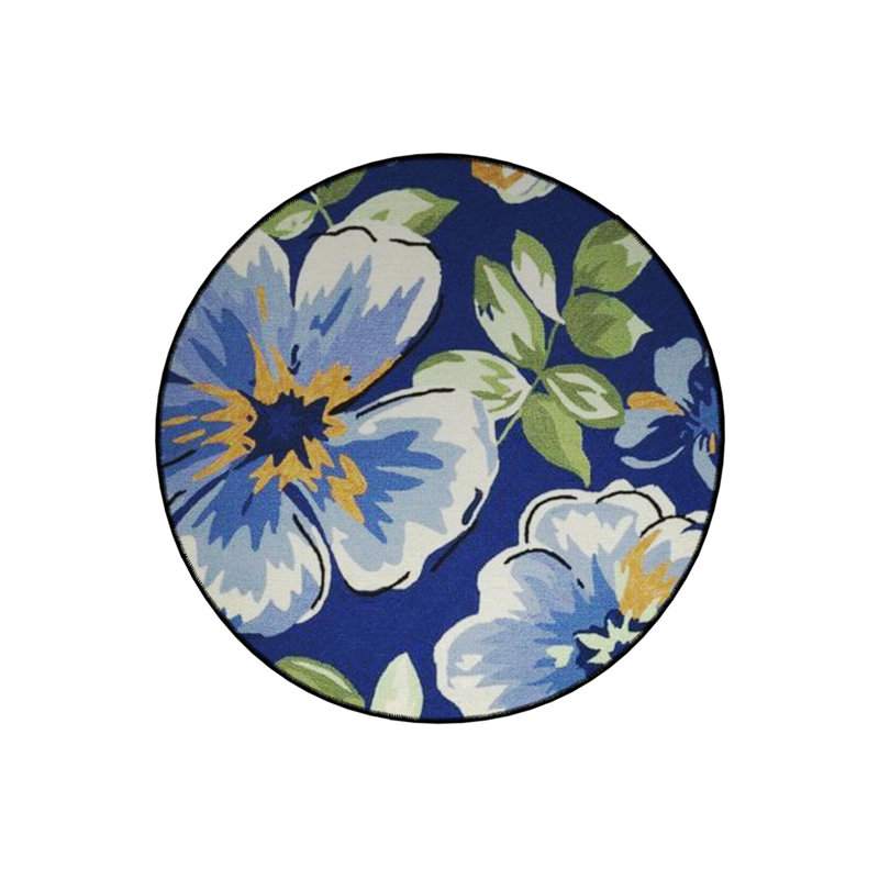 Dark Blue Flower And Leaf Detailed Woven Base Modern Decorative Carpet, Round 5'
