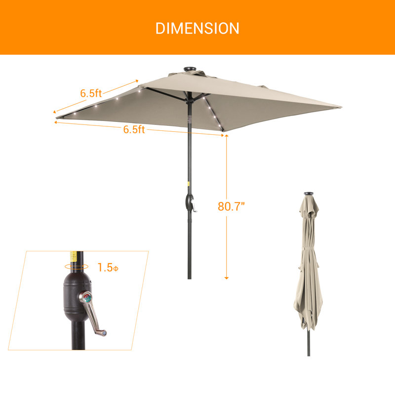 Parasol de marché carré d'extérieur à DEL de 6,5 pi avec bouton-poussoir inclinable pour terrasse Rimmel, Beige