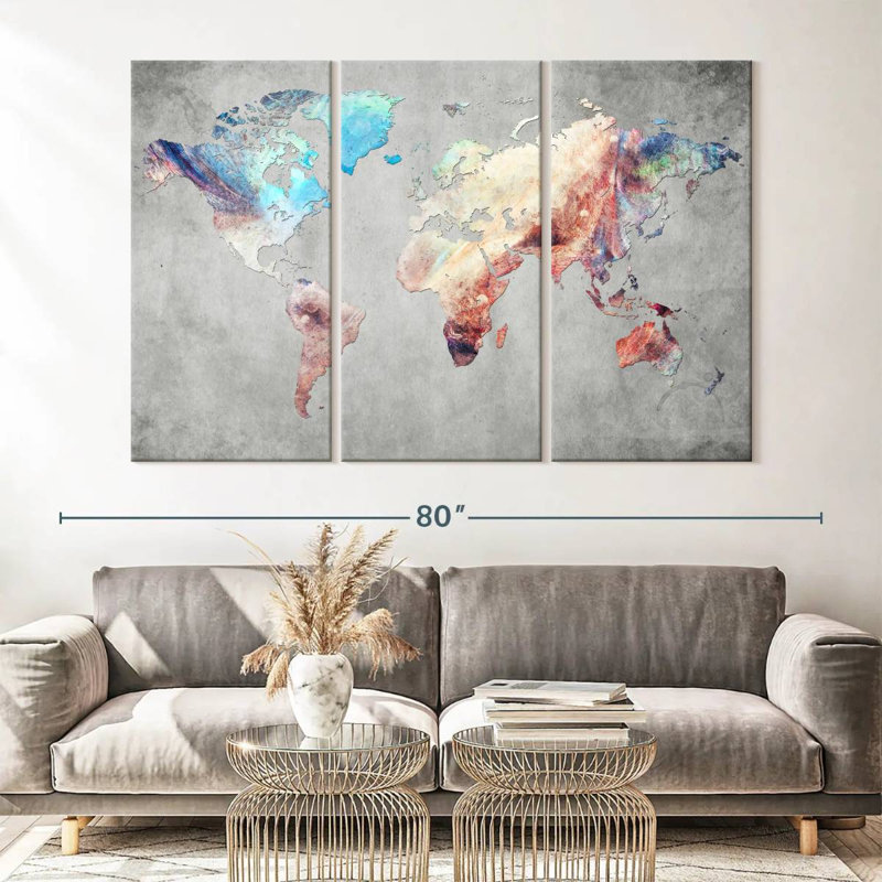 Carte du monde artistique sur toile, ensemble de 3 pièces, H 42 po x l 65 po x P 1,25 po