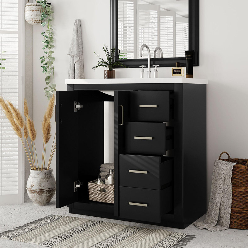 Meuble-lavabo autoportant de 30 po avec lavabo en céramique, Noir / argenté