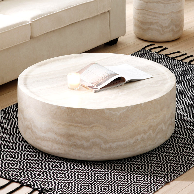Beige Faux Marble Round Coffee Table with Storage