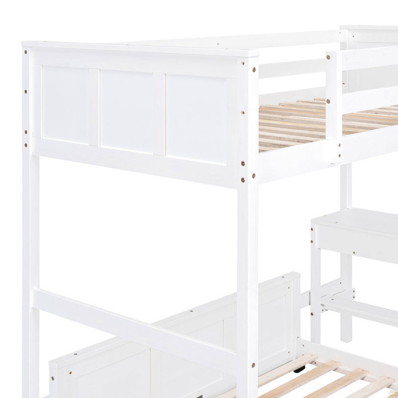Lit simple superposé au dessus d'un lit double avec bureau, blanc