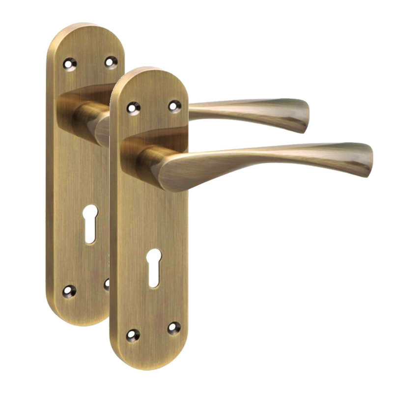 Golden Grace 1 Pair Victorian Astrid Design Long Rounded Backplate Scroll Door Handle Antique Brass Metal 3 Lever Lock Set - 182mm x 45mm
