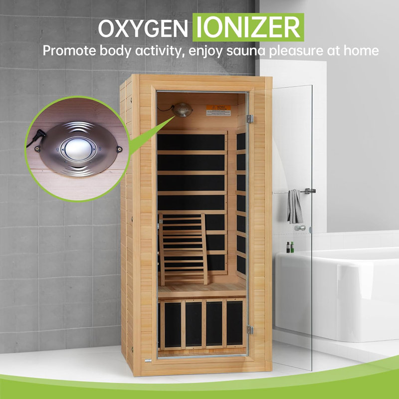 Sauna en bois de pruche du Canada à 1 personne avec 1400 W, 9 lumières de chromothérapie, loniseur à oxygène, Bluetooth, panneau de contrôle ACL pour les journées de spa à domicile