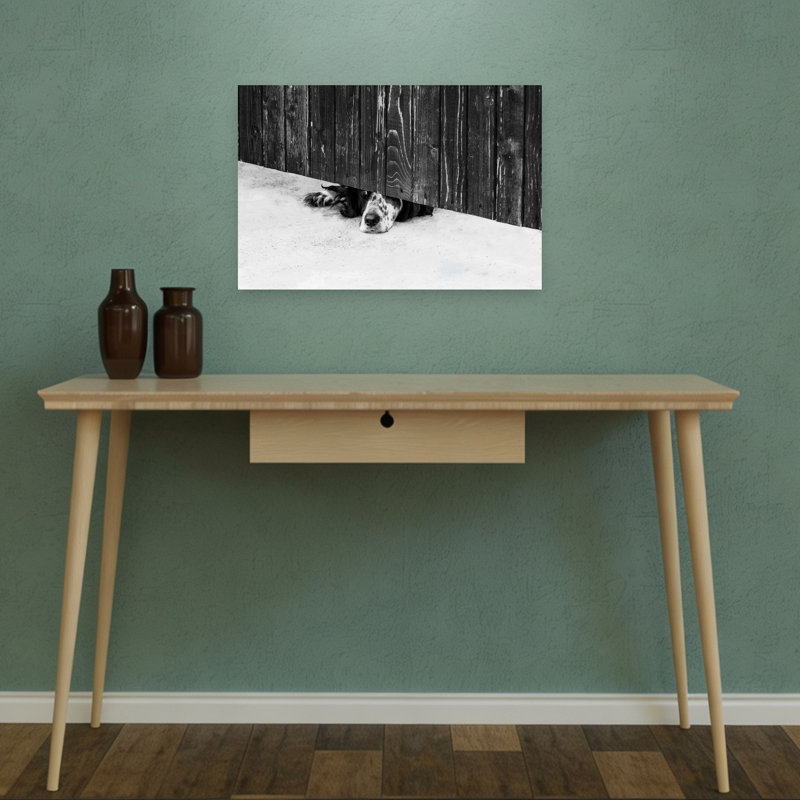 «Curious Dog Peeking Under Fence Playful Rustic Contemporary», art mural, 12" H x 18" W