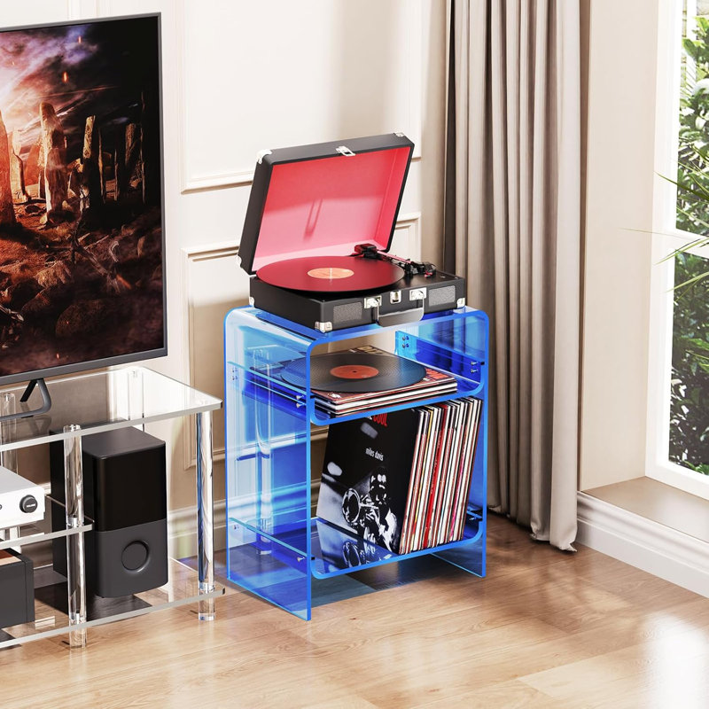Acrylic Record Player Table with Storage Shelf, Clear Side Table Nightstand (Blue), Blue, 22.8" H x 17.7" W x 11.8" D