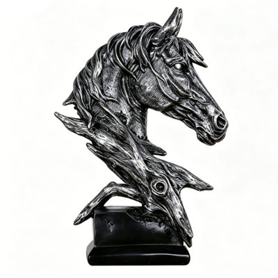 Statue de tête de cheval robuste en résine, sculpture, figurine et finition artistique, étagère de bureau à domicile, cadeau, base stable pour salon, manteau de bureau, argent
